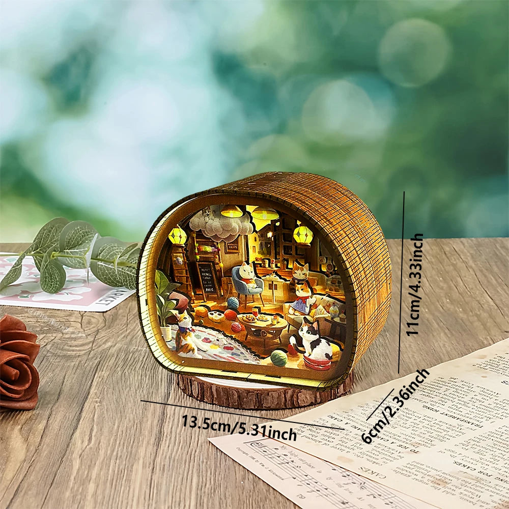 Cat Café Dreamscape 3D Wooden Night Light