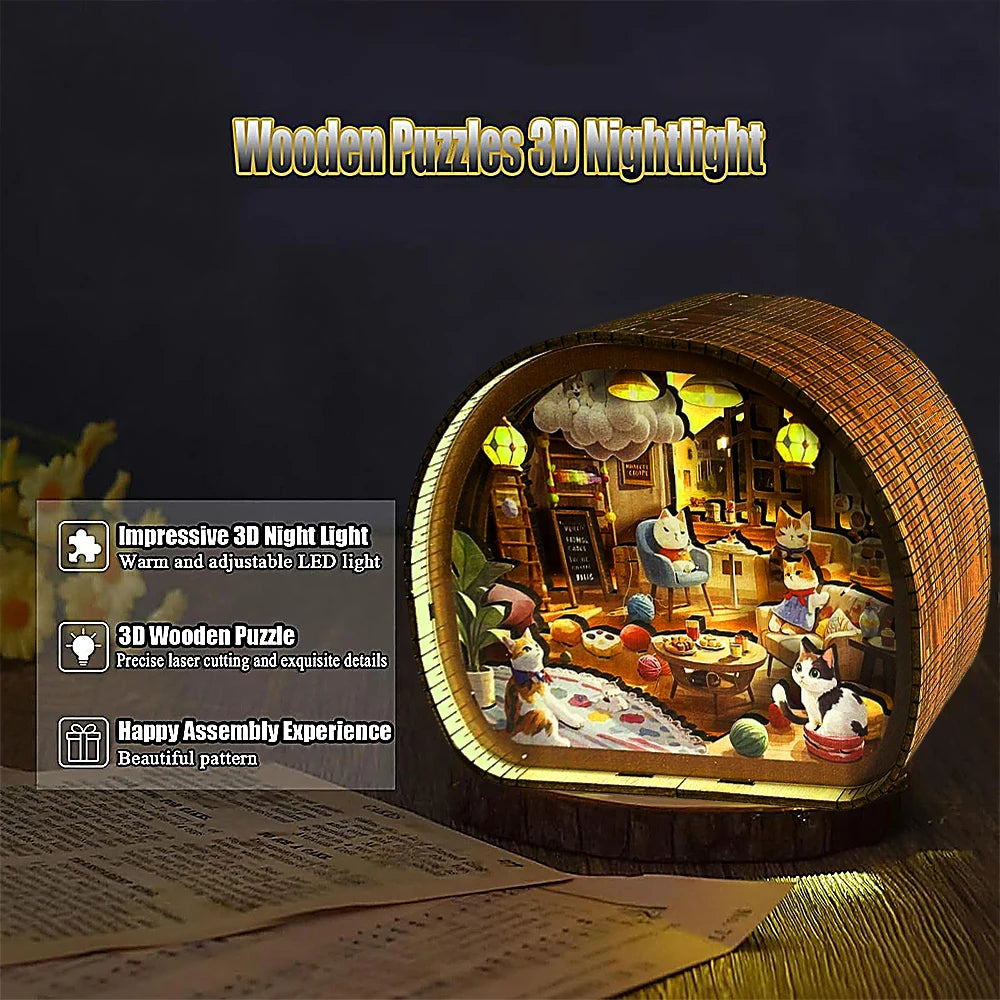 Cat Café Dreamscape 3D Wooden Night Light