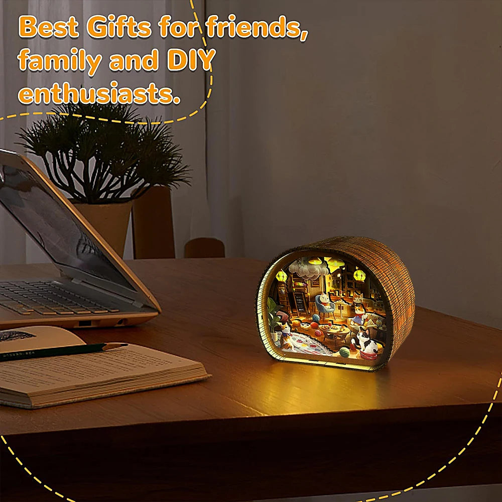 Cat Café Dreamscape 3D Wooden Night Light