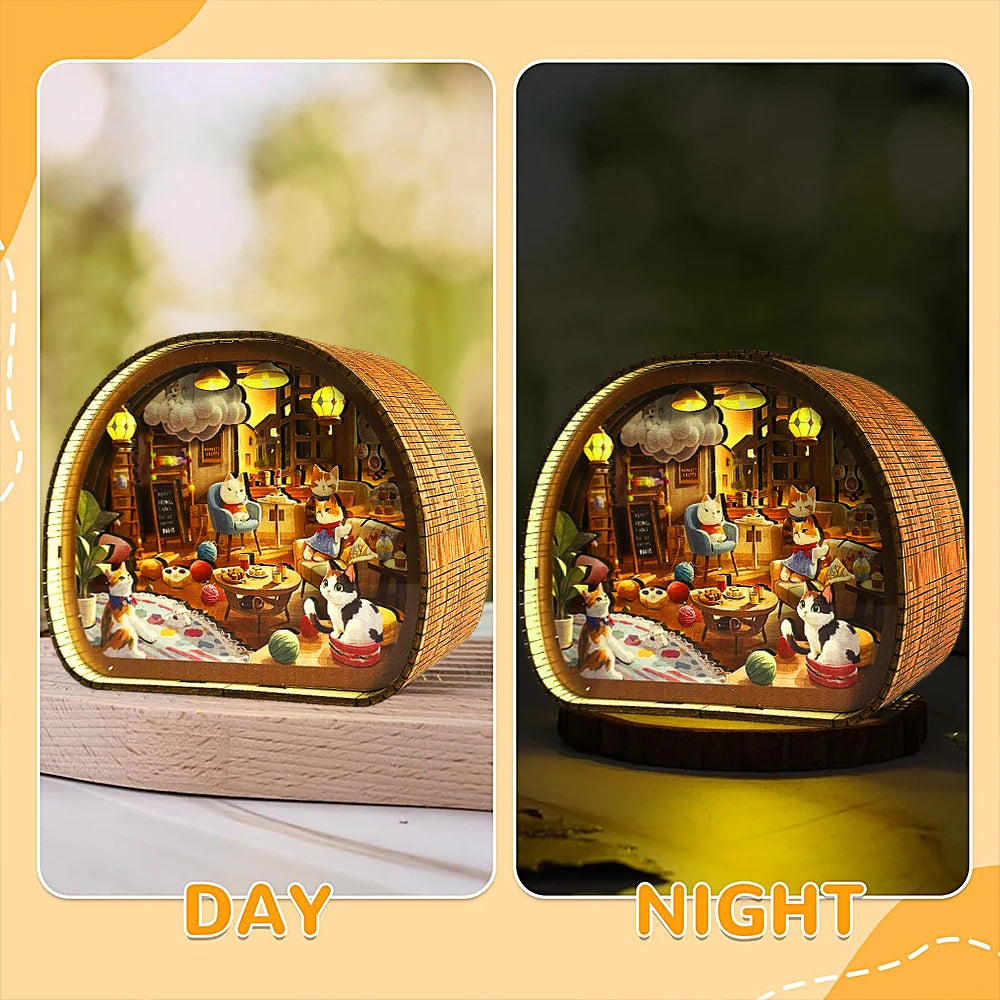 Cat Café Dreamscape 3D Wooden Night Light