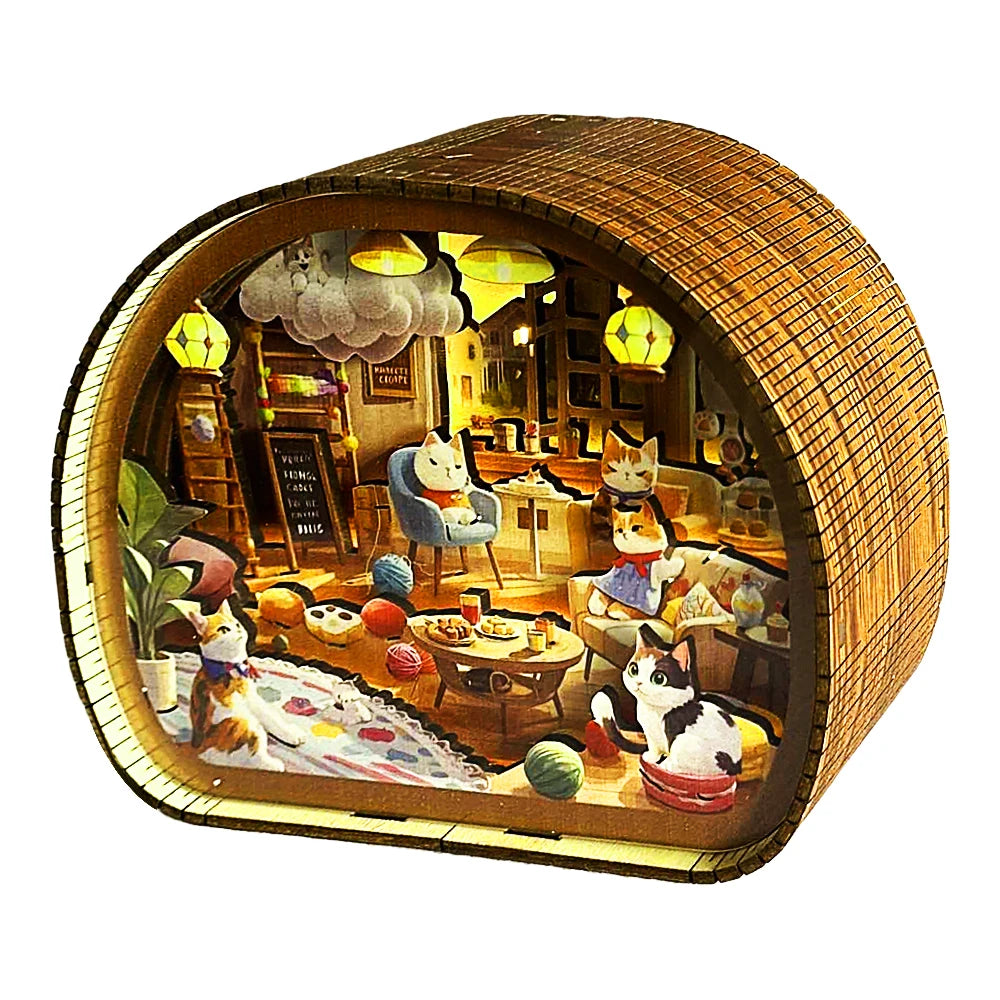Cat Café Dreamscape 3D Wooden Night Light