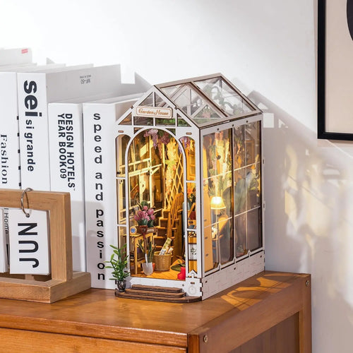 Robotime Rolife Gardenhouse Book Nook DIY Dollhouse Bookend Model Kit with LED Light Wooden Puzzle for Bookshelf Decor - TGB06