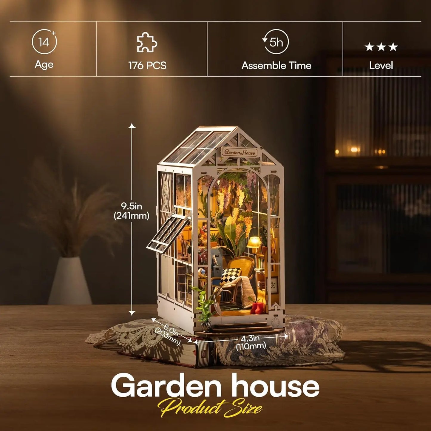 Robotime Rolife Gardenhouse Book Nook DIY Dollhouse Bookend Model Kit with LED Light Wooden Puzzle for Bookshelf Decor - TGB06