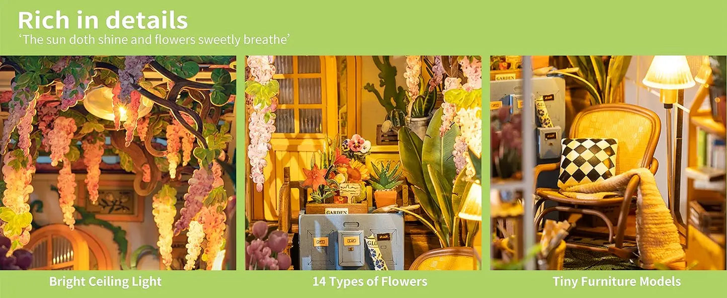 Robotime Rolife Gardenhouse Book Nook DIY Dollhouse Bookend Model Kit with LED Light Wooden Puzzle for Bookshelf Decor - TGB06