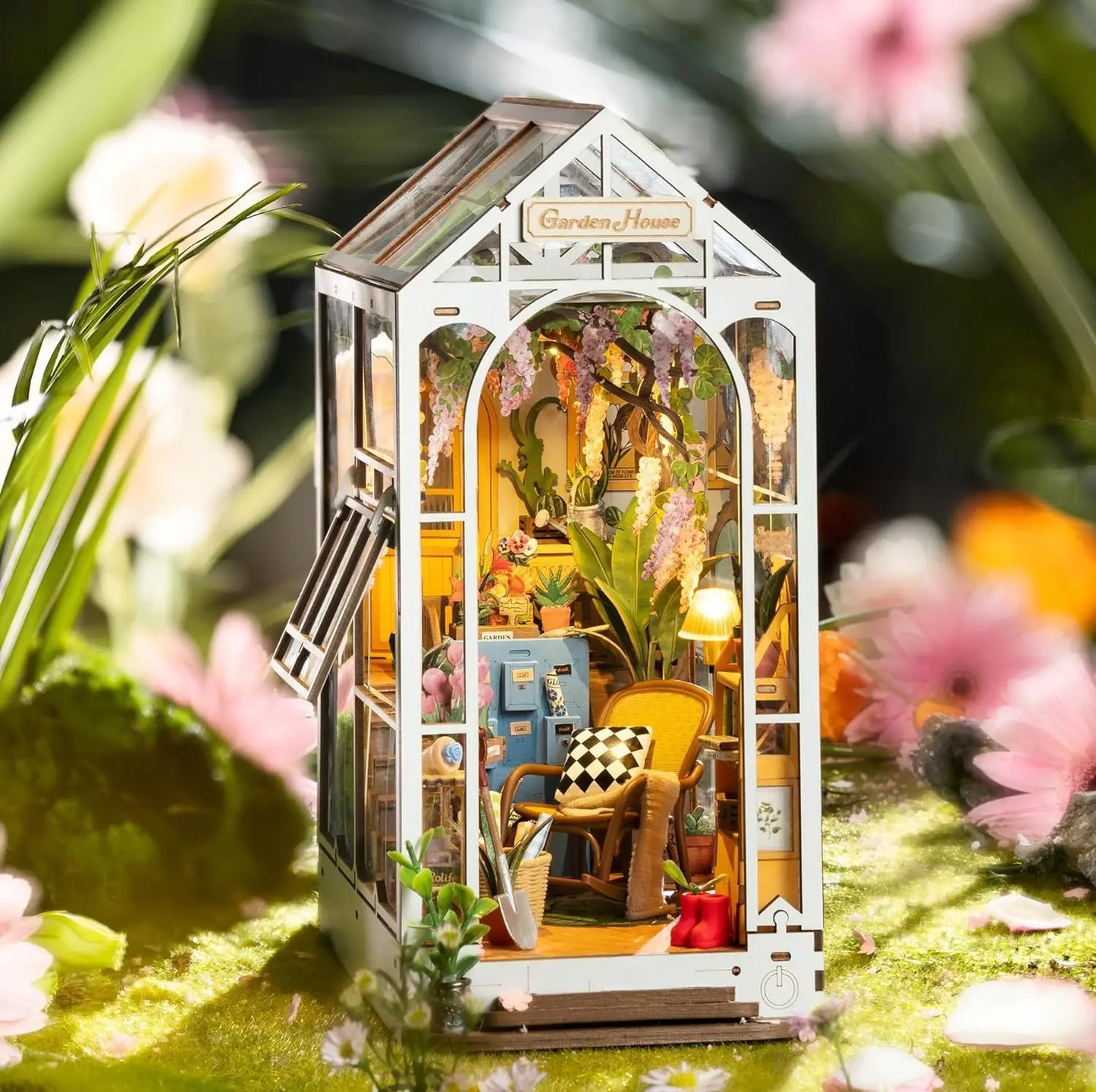 Robotime Rolife Gardenhouse Book Nook DIY Dollhouse Bookend Model Kit with LED Light Wooden Puzzle for Bookshelf Decor - TGB06