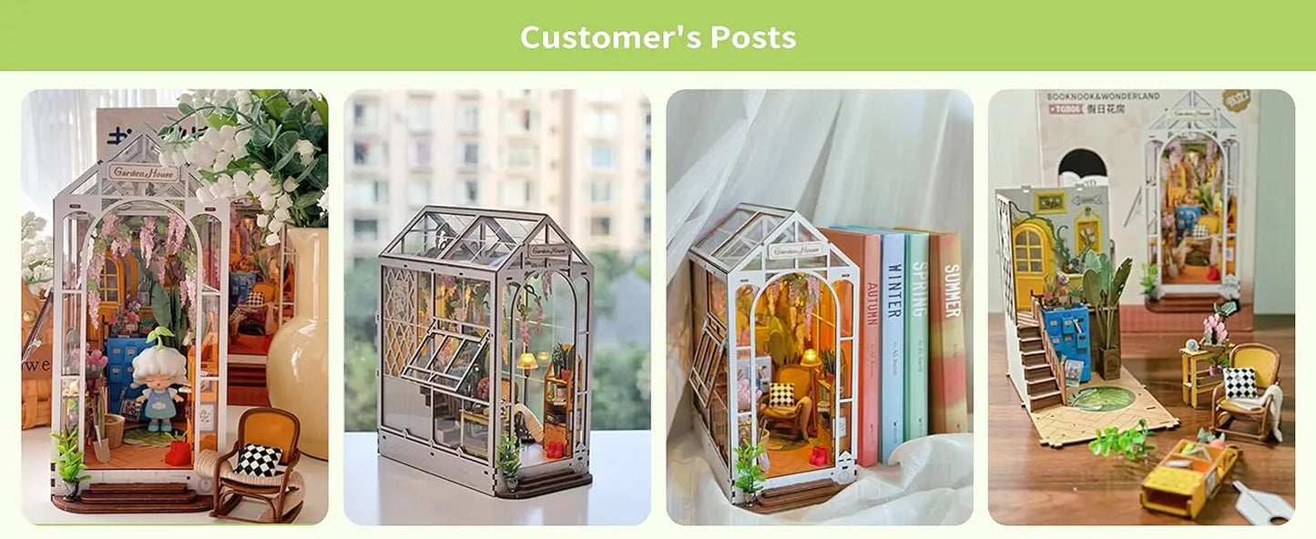 Robotime Rolife Gardenhouse Book Nook DIY Dollhouse Bookend Model Kit with LED Light Wooden Puzzle for Bookshelf Decor - TGB06