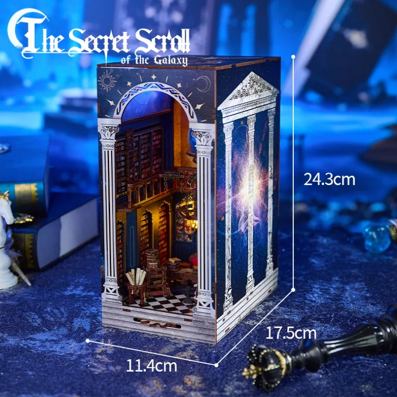 DIY Wooden Book Nook The Secret Scroll Of The Galaxy Figurines Miniatures Bookend Handmade Bookshelf Gifts Home Decor Crafts
