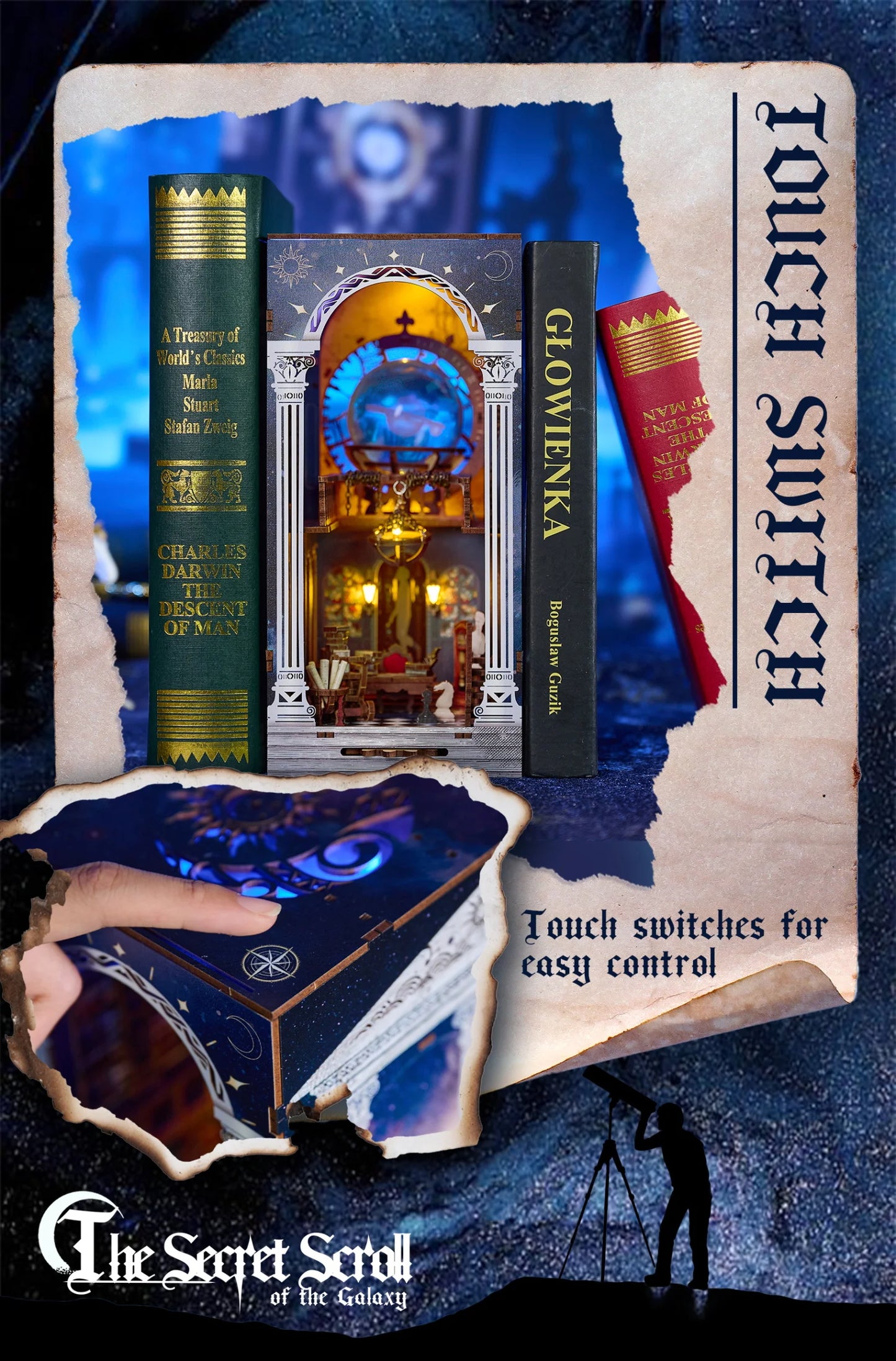DIY Wooden Book Nook The Secret Scroll Of The Galaxy Figurines Miniatures Bookend Handmade Bookshelf Gifts Home Decor Crafts