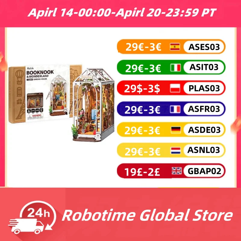 Robotime Rolife Gardenhouse Book Nook DIY Dollhouse Bookend Model Kit with LED Light Wooden Puzzle for Bookshelf Decor - TGB06
