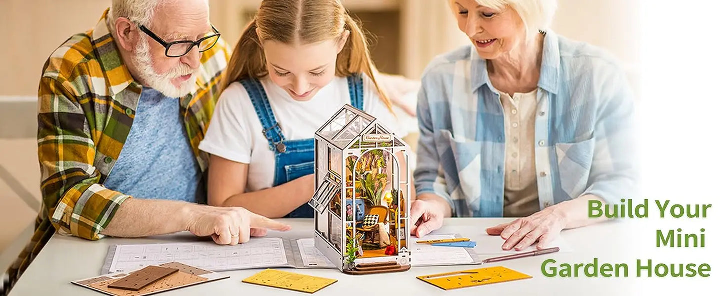 Robotime Rolife Gardenhouse Book Nook DIY Dollhouse Bookend Model Kit with LED Light Wooden Puzzle for Bookshelf Decor - TGB06
