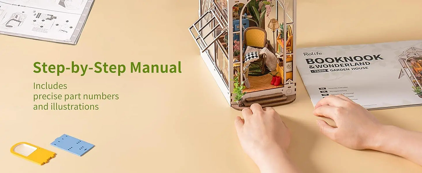 Robotime Rolife Gardenhouse Book Nook DIY Dollhouse Bookend Model Kit with LED Light Wooden Puzzle for Bookshelf Decor - TGB06