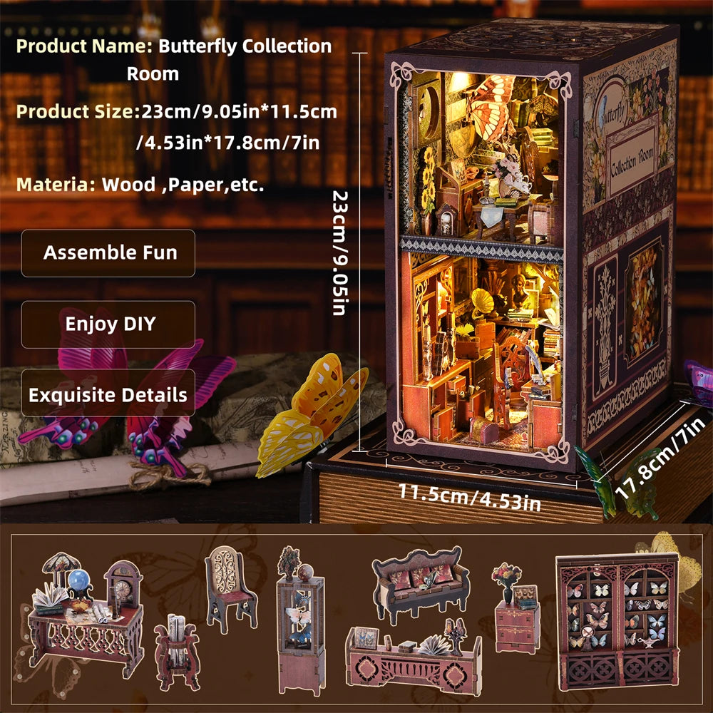 Butterfly Book nook kit Wooden 3D Puzzle DIY Dollhouse Bookshelf Building Model Kit Production High Quality Toys