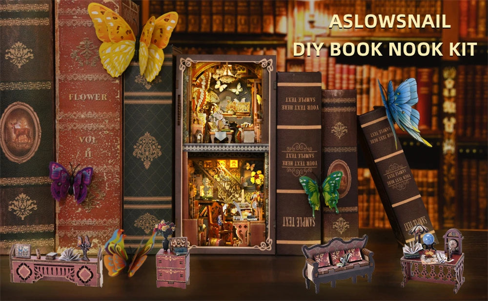 Butterfly Book nook kit Wooden 3D Puzzle DIY Dollhouse Bookshelf Building Model Kit Production High Quality Toys