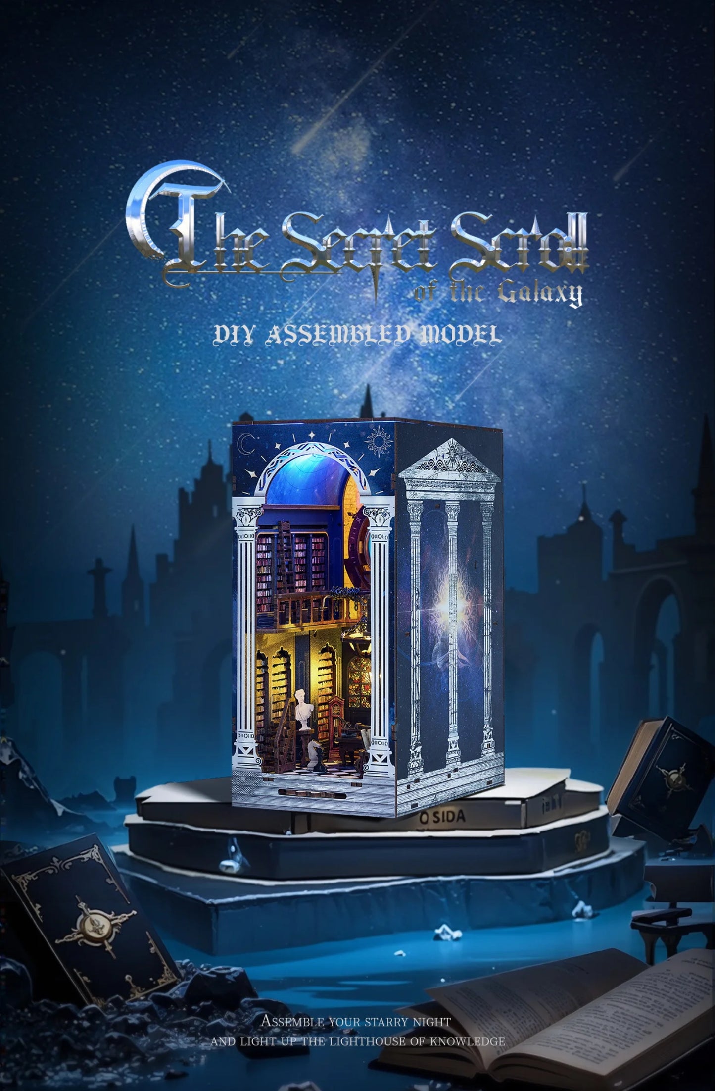 DIY Wooden Book Nook The Secret Scroll Of The Galaxy Figurines Miniatures Bookend Handmade Bookshelf Gifts Home Decor Crafts
