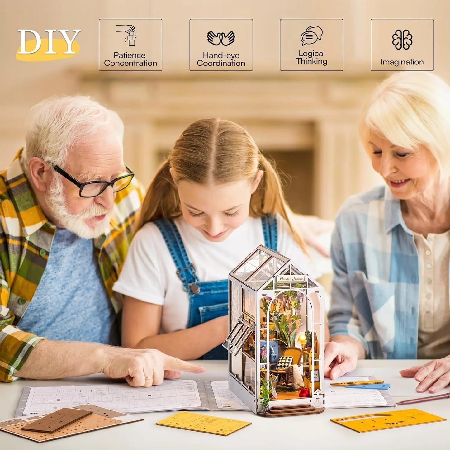 Robotime Rolife Gardenhouse Book Nook DIY Dollhouse Bookend Model Kit with LED Light Wooden Puzzle for Bookshelf Decor - TGB06