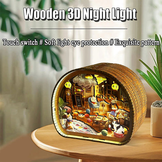 Cat Café Dreamscape 3D Wooden Night Light  