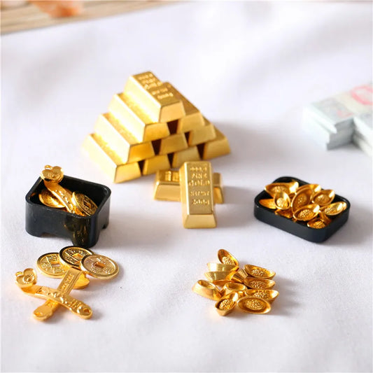 Mini Gold Bar & Coin Set – 5pcs Dollhouse Props   