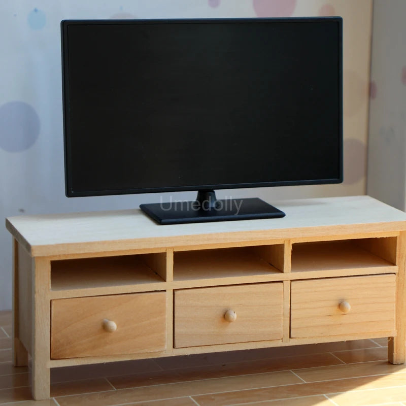 Miniature TV & Wood Bench Set | 1/6 Dollhouse Decor   