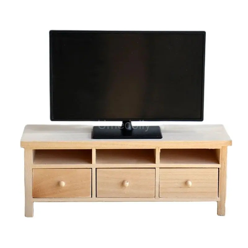 Miniature TV & Wood Bench Set | 1/6 Dollhouse Decor   