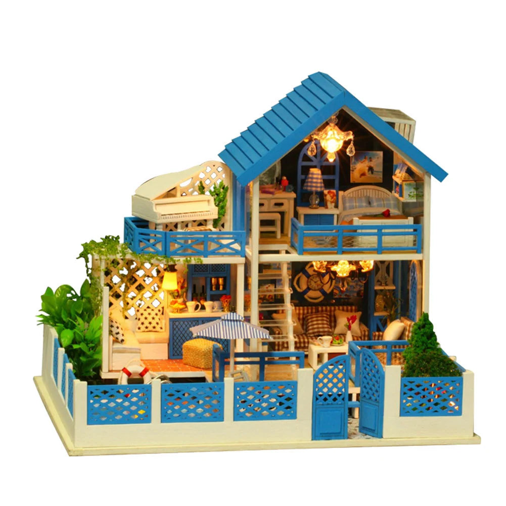 Blue Mediterranean Villa DIY Dollhouse Kit