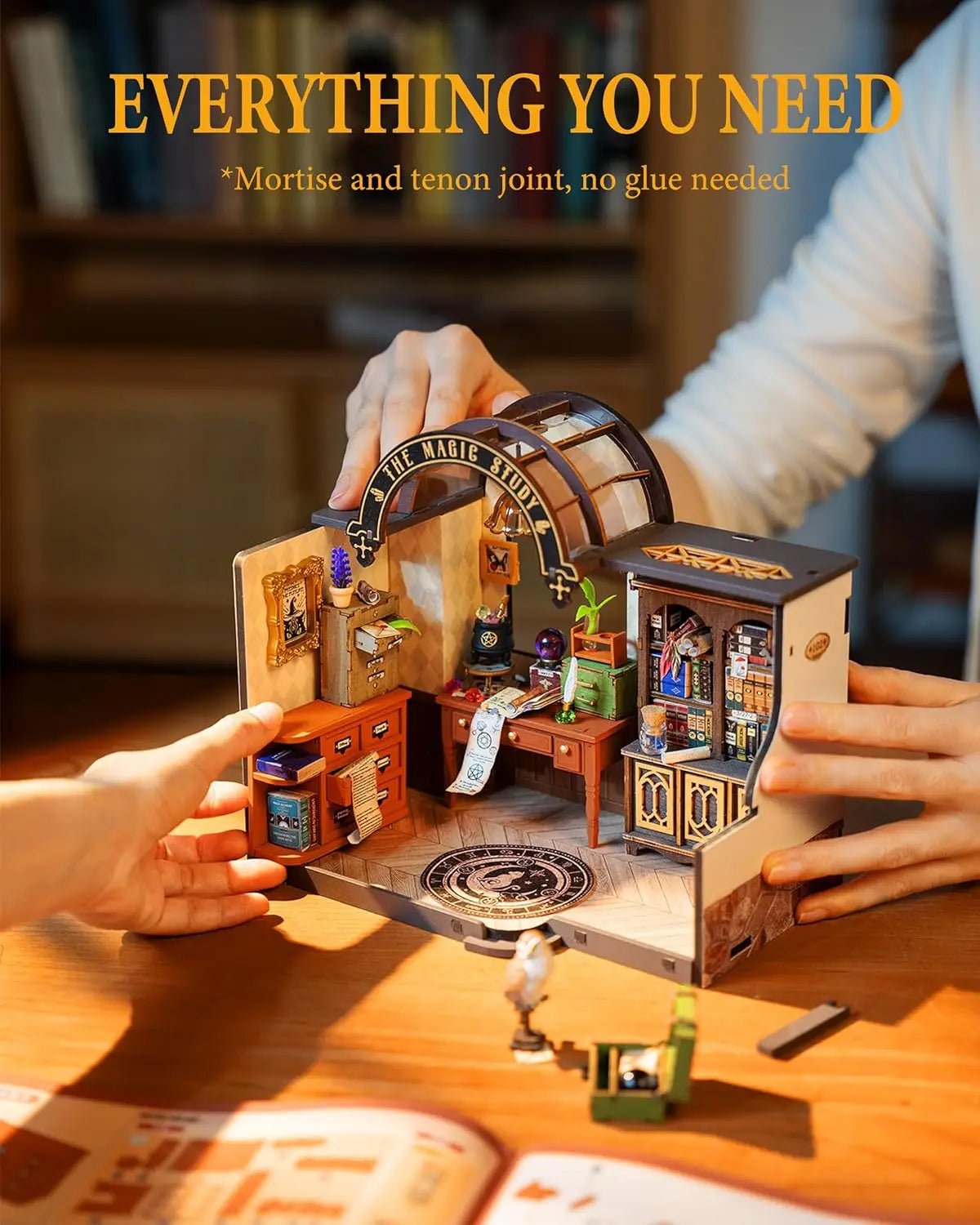Robotime Rolife The Magic Study DIY Miniature House with Many Magic Note Books Dollhouse Decoration 3D Wooden Puzzle DG166