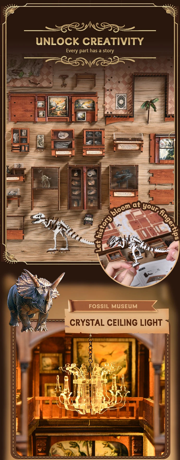 Wooden Fossil Museum Shelf Insert Kits Miniature Model book nook kit – packaging and contents
