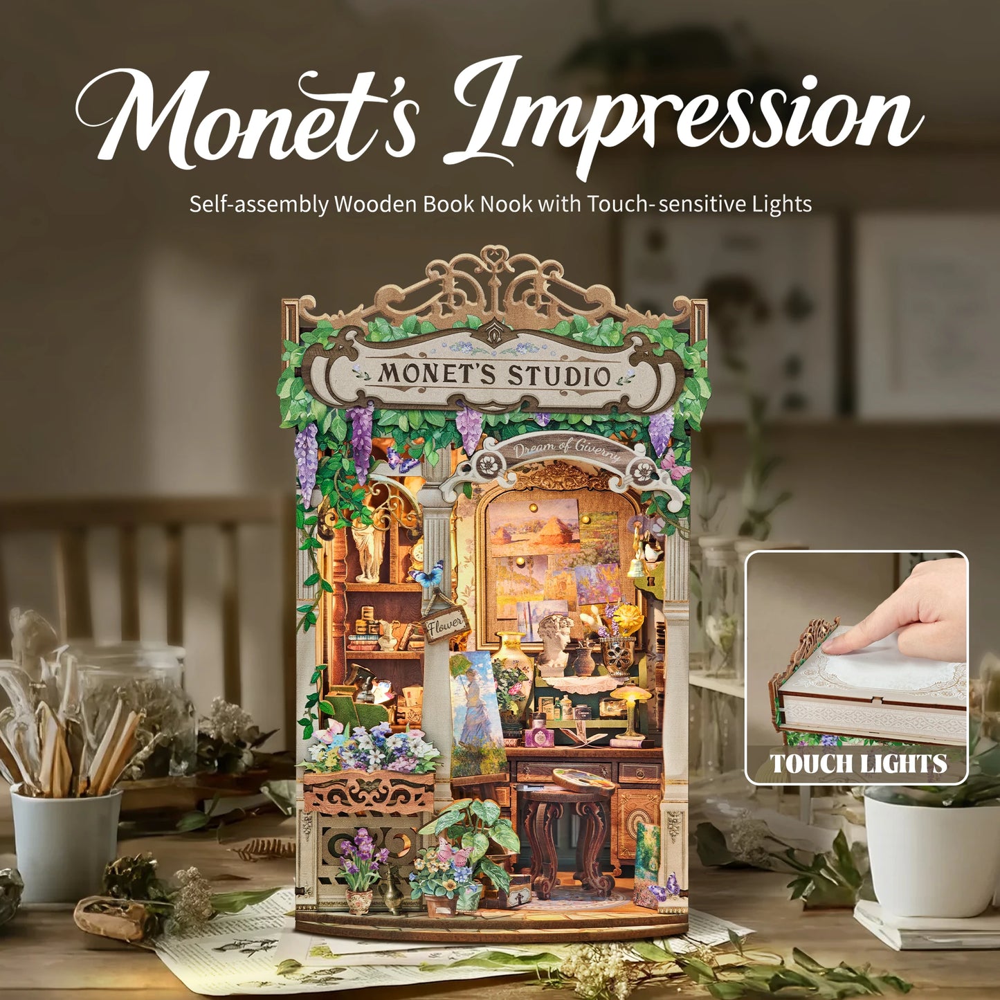 Wooden Monet's Studio Shelf Insert Kits Miniature Model book nook kit – detailed view