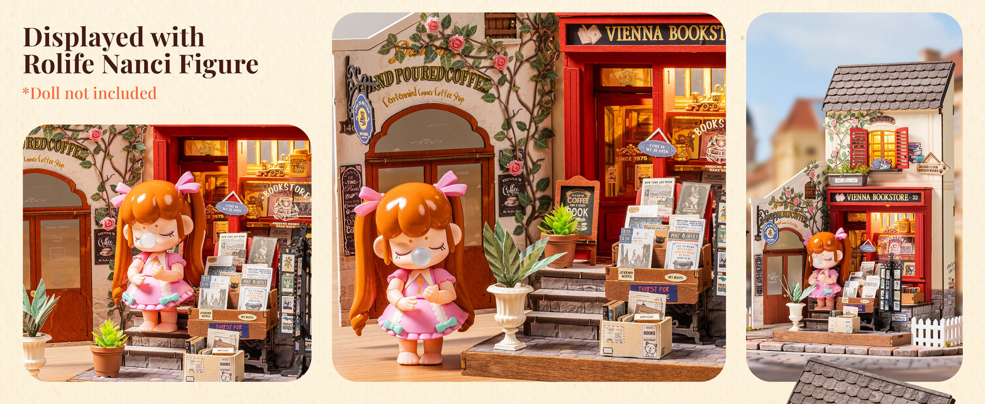 Vienna Bookstore Foldable 2 Story European miniature house kit – packaging and contents