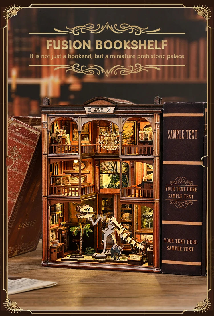 Wooden Fossil Museum Shelf Insert Kits Miniature Model book nook kit – close-up details