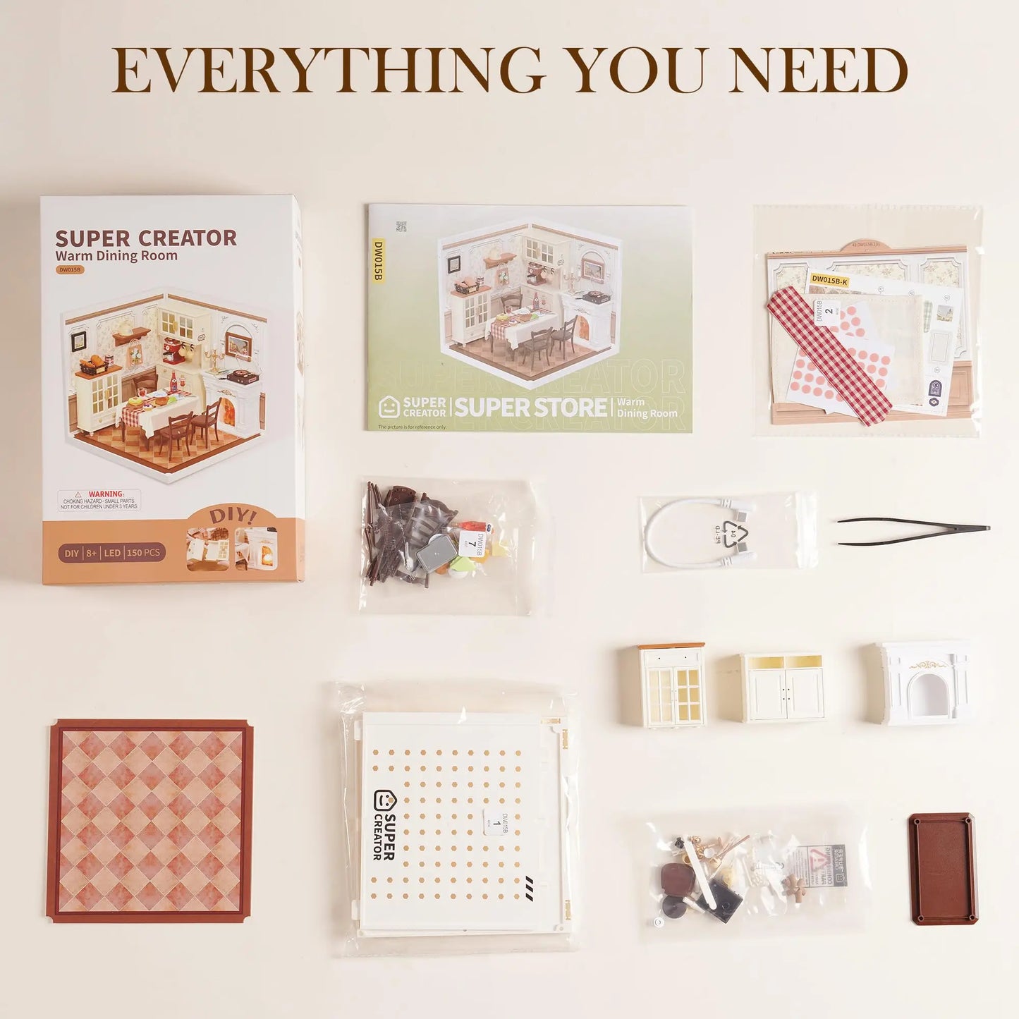 Warm Dining Room, Creative miniature house kit – packaging and contents