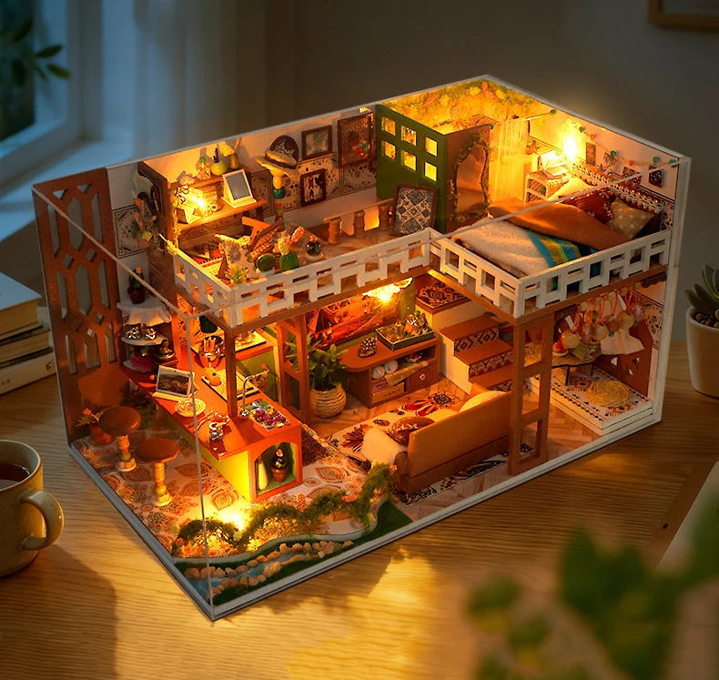Wooden Bohemian Loft Miniature LED 3d wooden puzzle – side angle