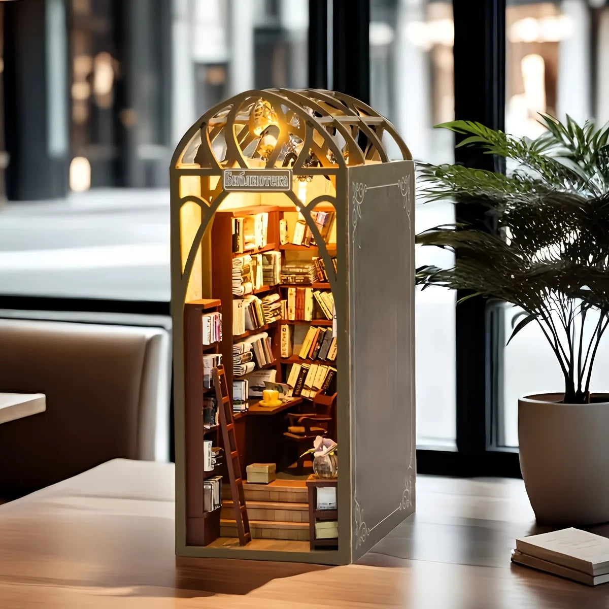 Mini Booknook in the Library 3d wooden puzzle – side angle