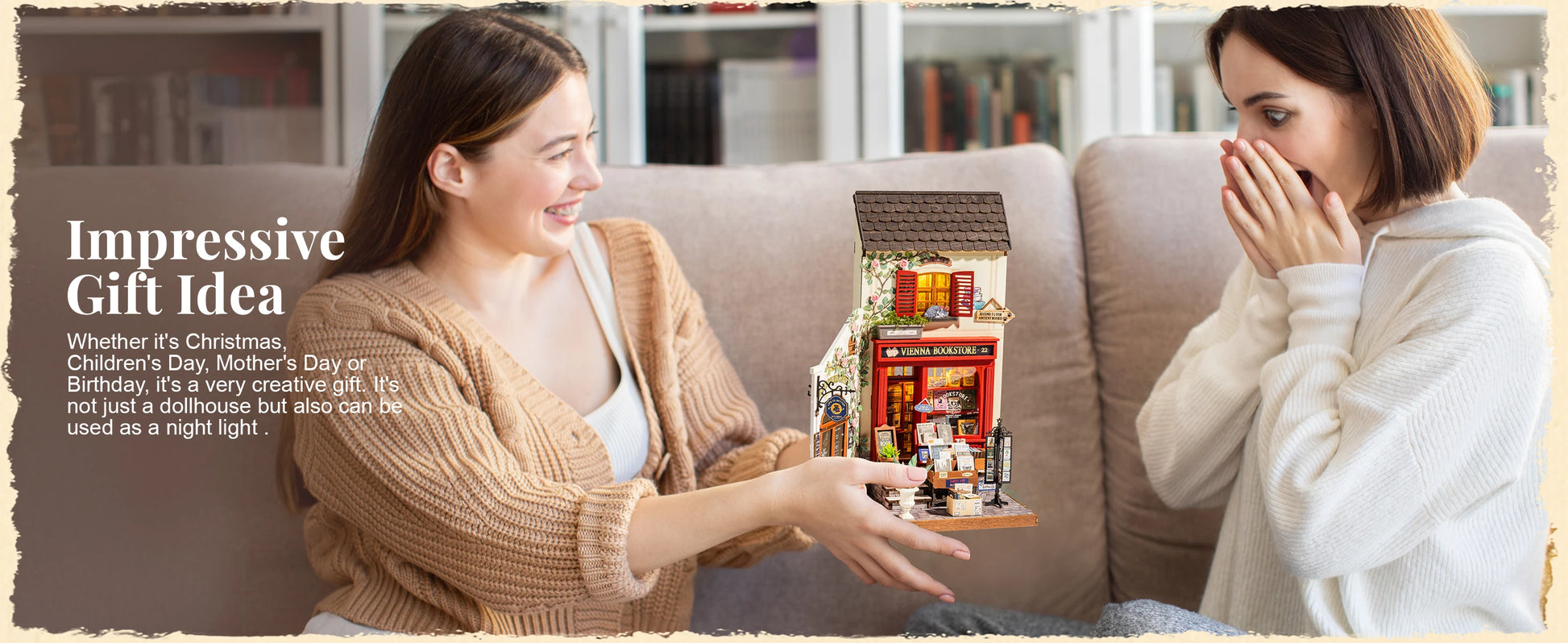 Vienna Bookstore Foldable 2 Story European miniature house kit – with LED lights on