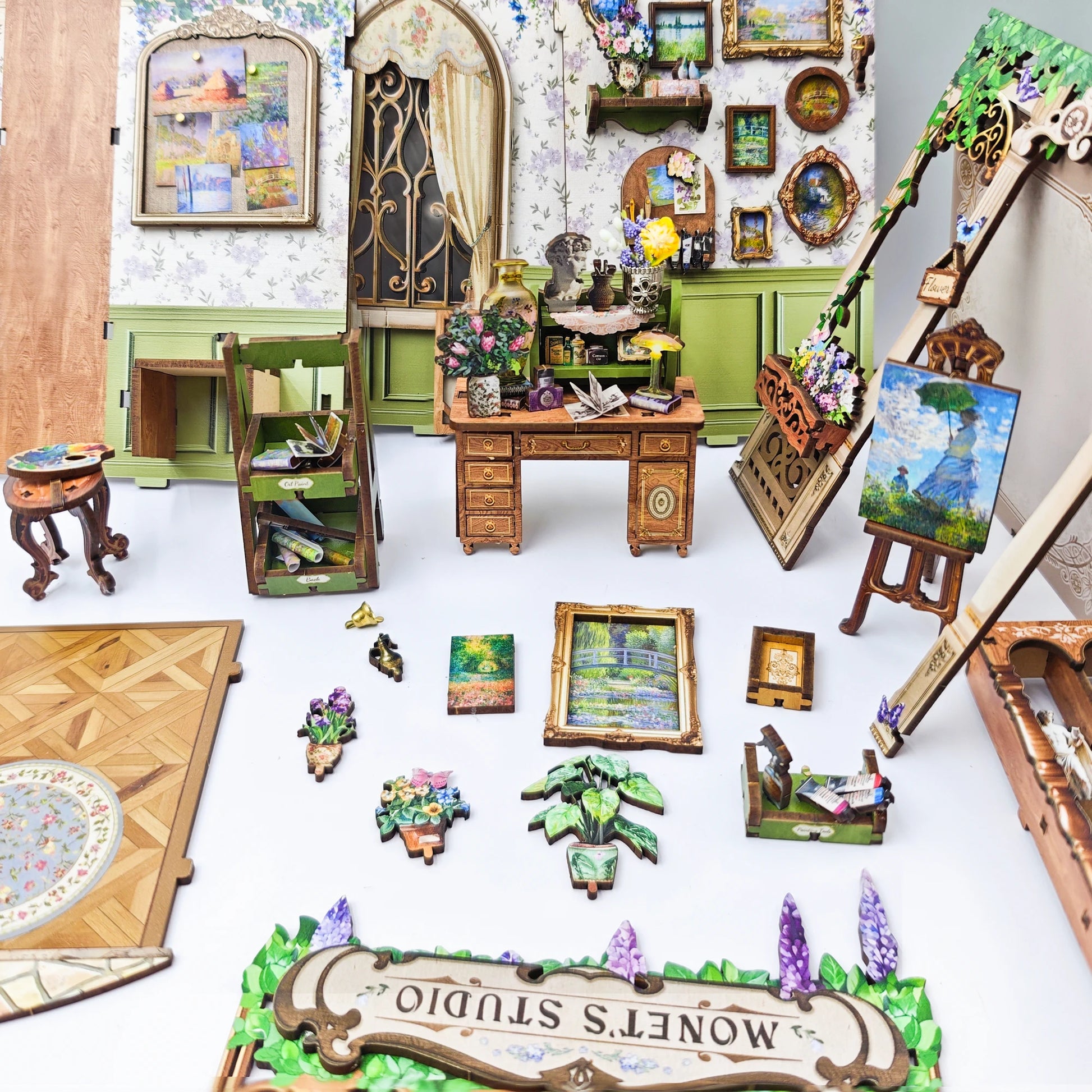 Wooden Monet's Studio Shelf Insert Kits Miniature Model book nook kit – display setup