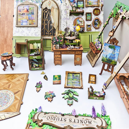 Wooden Monet's Studio Shelf Insert Kits Miniature Model book nook kit – display setup