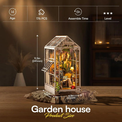 Robotime Rolife Gardenhouse Book Nook DIY Dollhouse Bookend Model Kit with LED Light Wooden Puzzle for Bookshelf Decor - TGB06