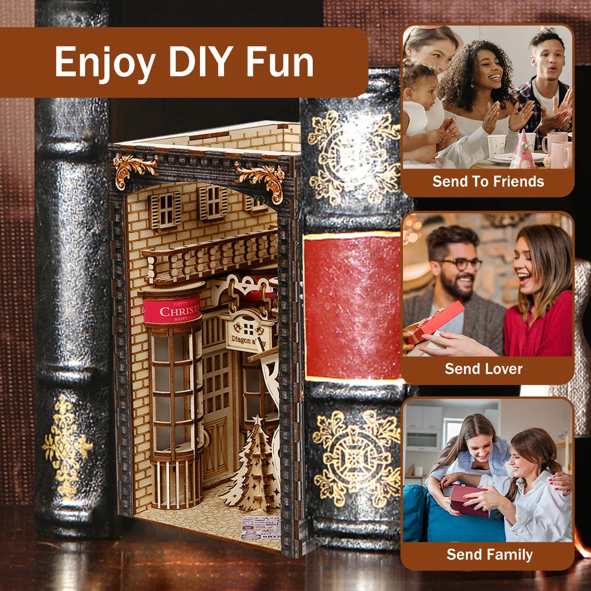 DIY Book Nook Kit with Light and Dust Cover – Wooden Miniature Puzzle