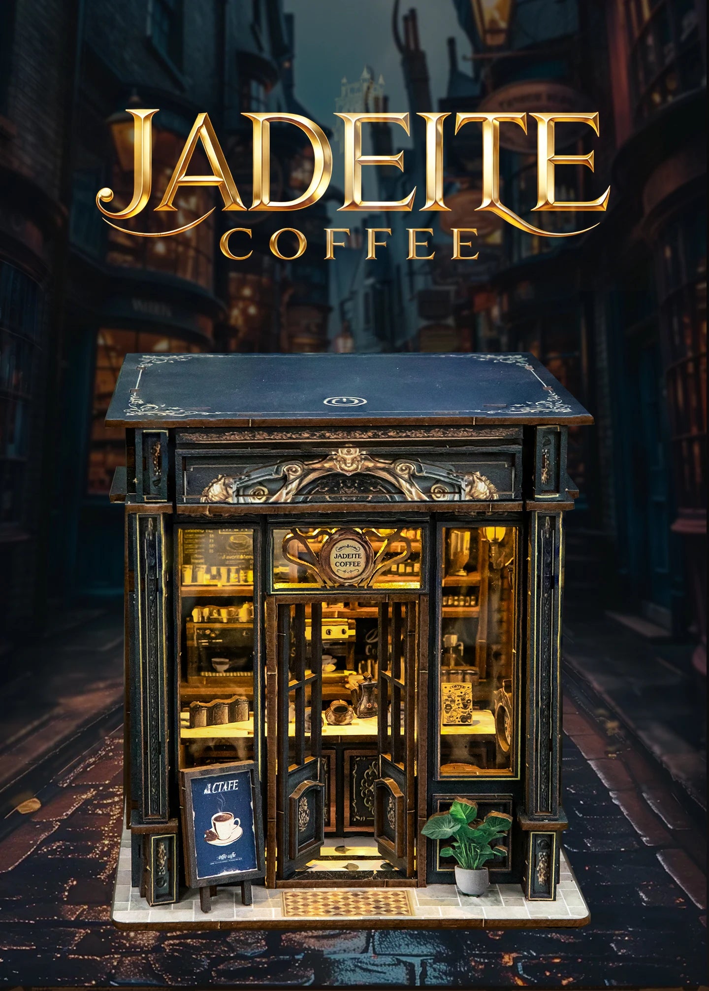 Wooden Green Crystal Coffee Shop Miniature 3d wooden puzzle – detailed view