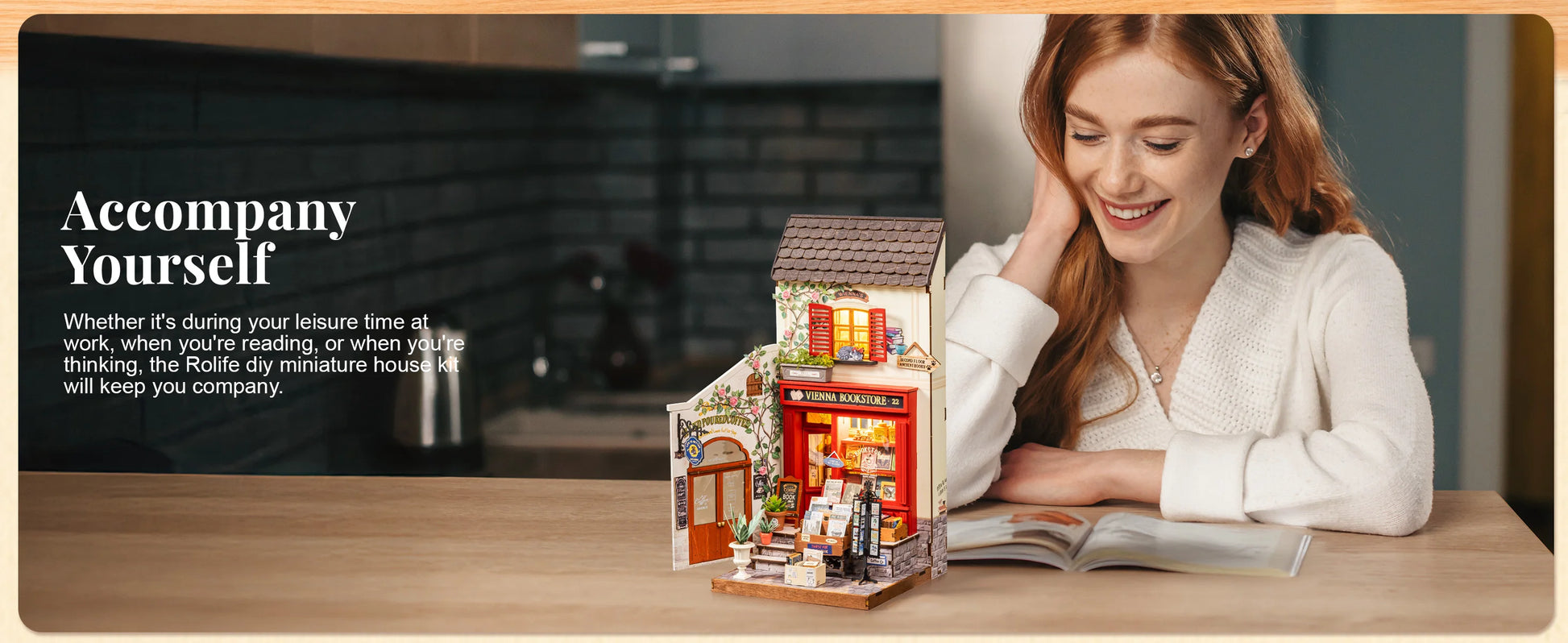 Vienna Bookstore Foldable 2 Story European miniature house kit – lifestyle shot