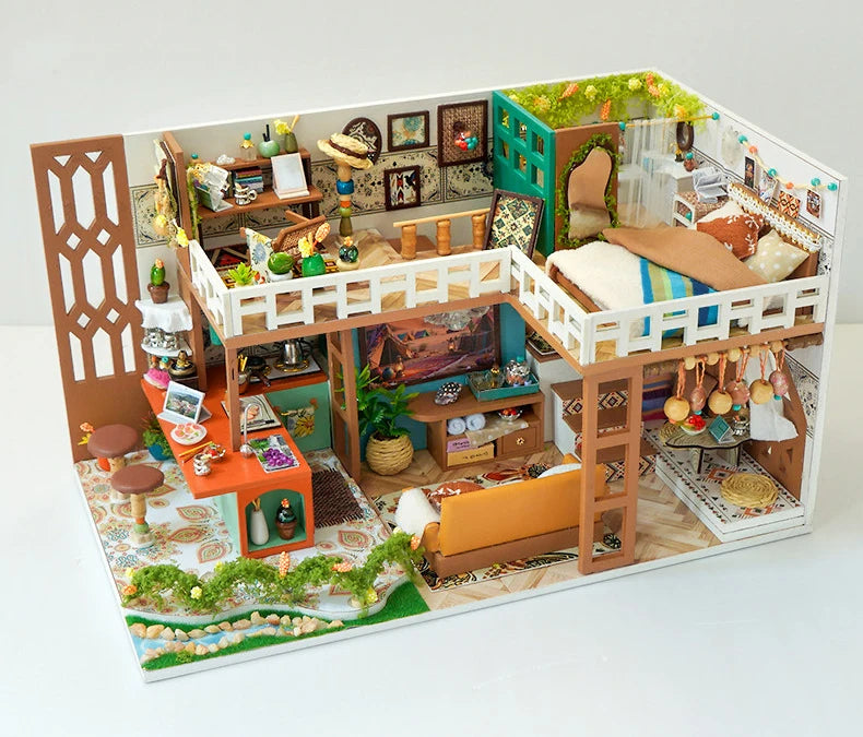 Wooden Bohemian Loft Miniature LED 3d wooden puzzle – display setup