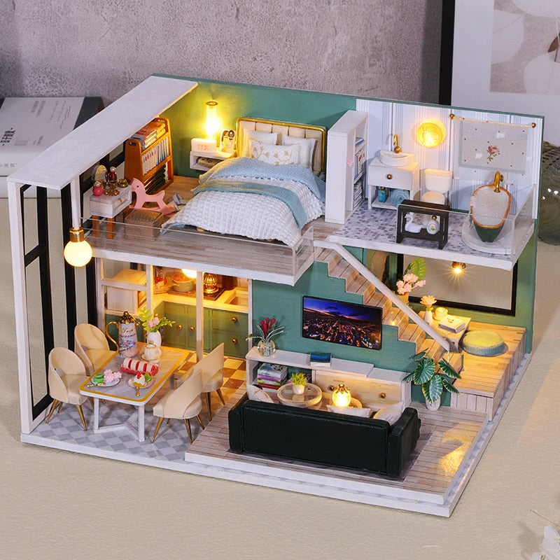 Sweet Pink Dream Villa Apartment Loft DIY 1: 24 top Miniature Dollhouse Kit Furniture with LED Lights display case Handcraft Project Model Gift