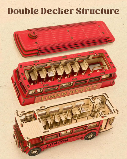 London Tour Bus S Wood Model Car 3d wooden puzzle – side angle