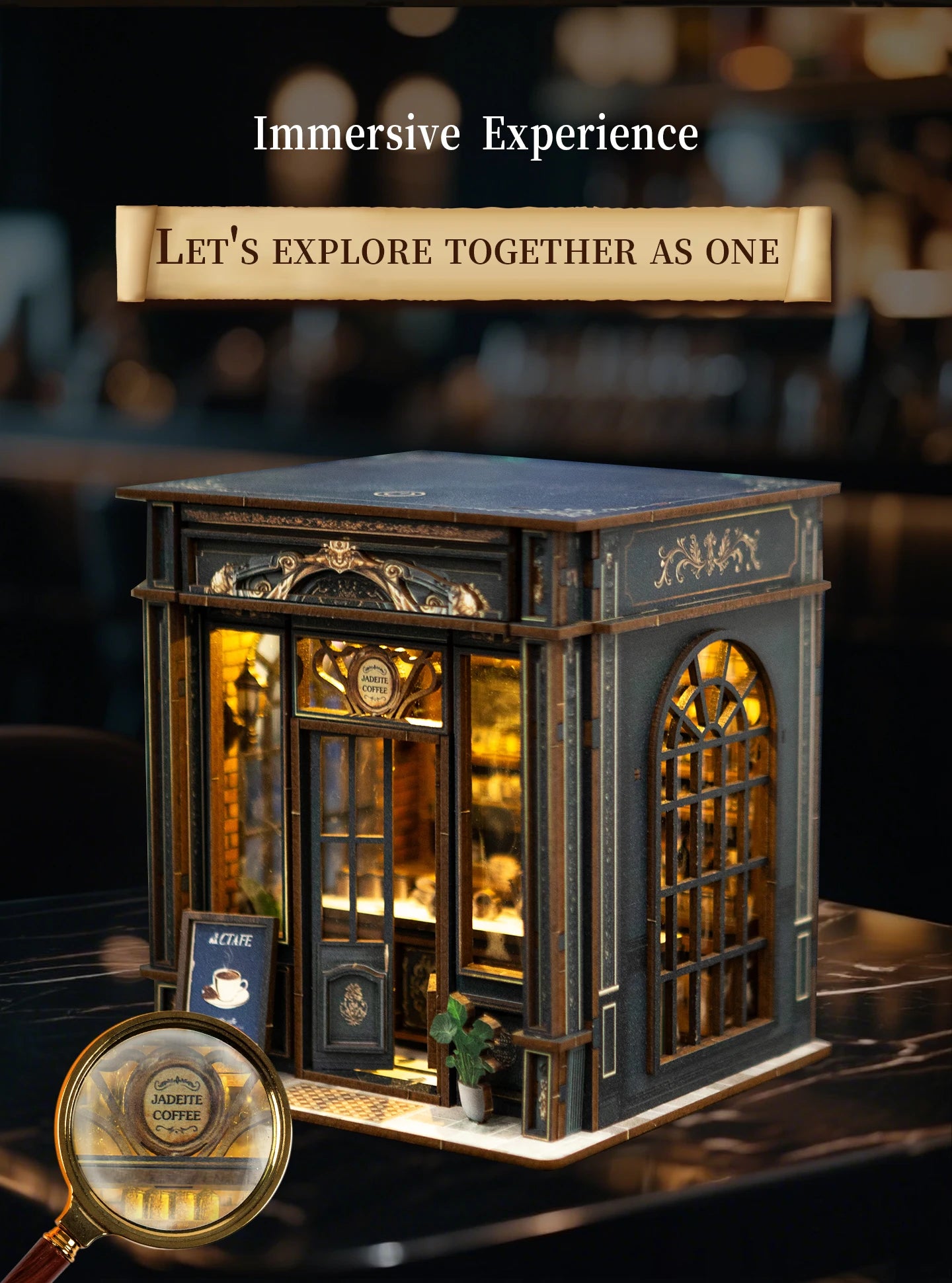 Wooden Green Crystal Coffee Shop Miniature 3d wooden puzzle – side angle