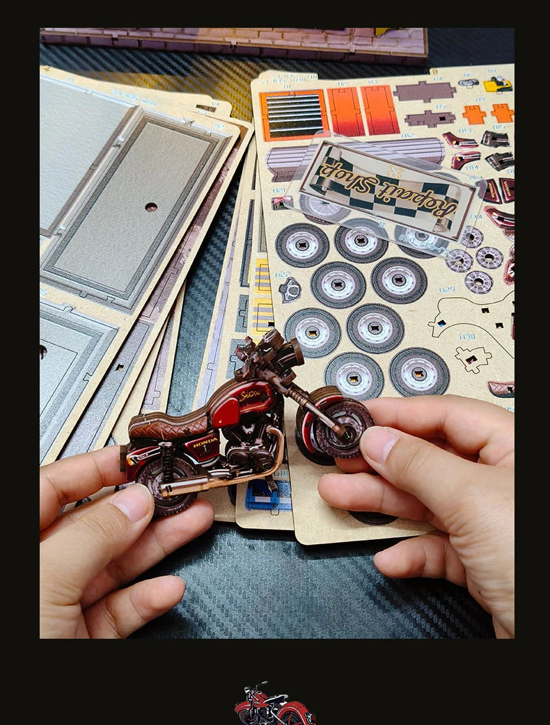 Motorcycle Repair Shop Wooden Miniature Model 3d wooden puzzle – view 15