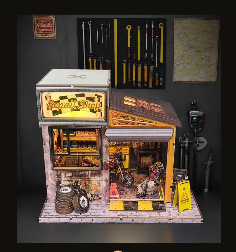 Motorcycle Repair Shop Wooden Miniature Model 3d wooden puzzle – side angle