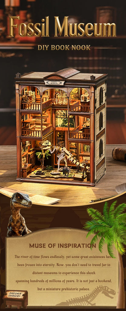 Wooden Fossil Museum Shelf Insert Kits Miniature Model book nook kit – detailed view
