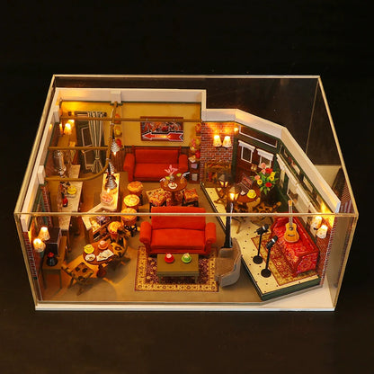 Wooden Central Perk Cafe Miniature Bookend book nook kit – packaging and contents