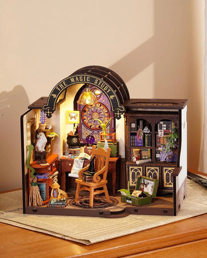 Robotime Rolife The Magic Study DIY Miniature House with Many Magic Note Books Dollhouse Decoration 3D Wooden Puzzle DG166