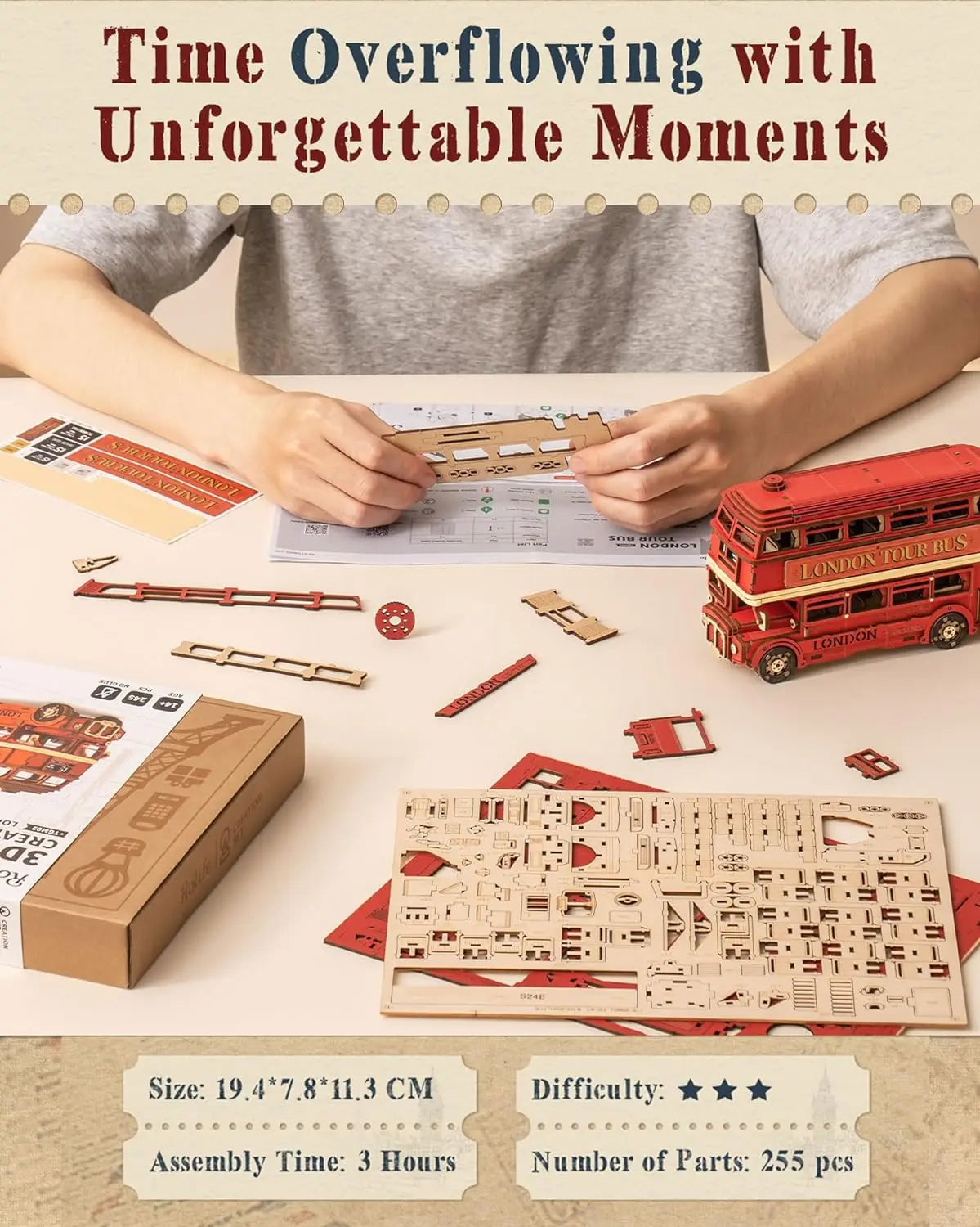 London Tour Bus S Wood Model Car 3d wooden puzzle – close-up details