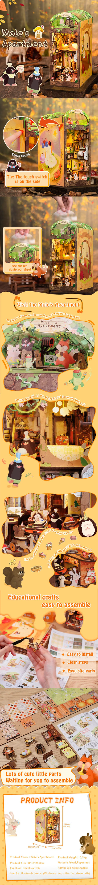 Cutebee Book Nook Kit 3D Wooden Puzzle Bookshelf Roombox Toy Mole's Apartment Miniature with Dustproof Cover LED Light Booknook